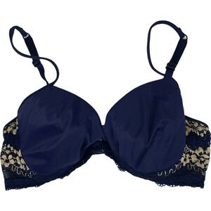 Vtg Olga Bra 3D‎ Blue Gold Floral Lace Soft Satin Demi Cup 33162 Underwire
